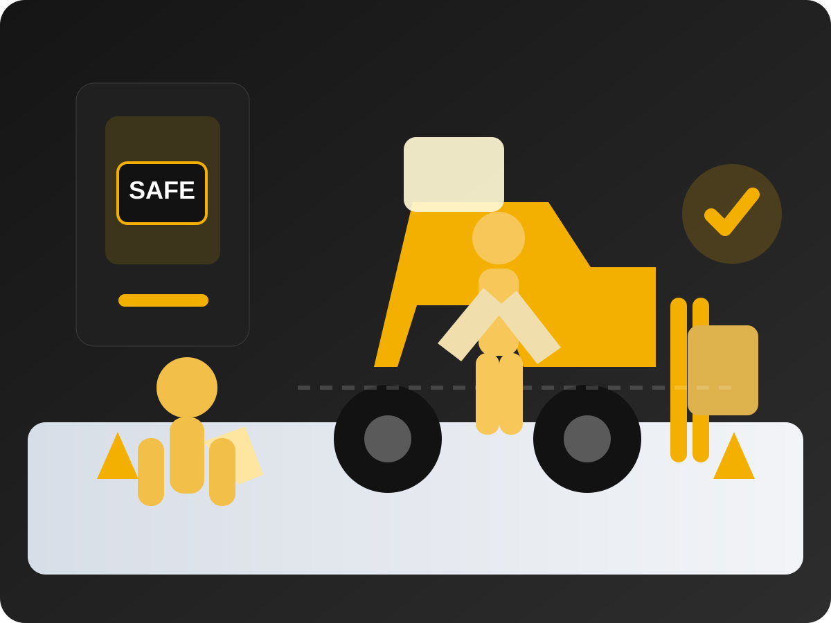 Illustration of onsite forklift operator training with an instructor, forklift and safety checks