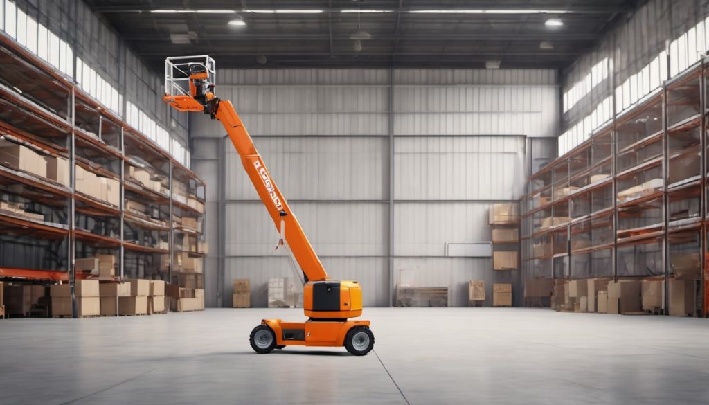 Articulated boom lift in a warehouse training area