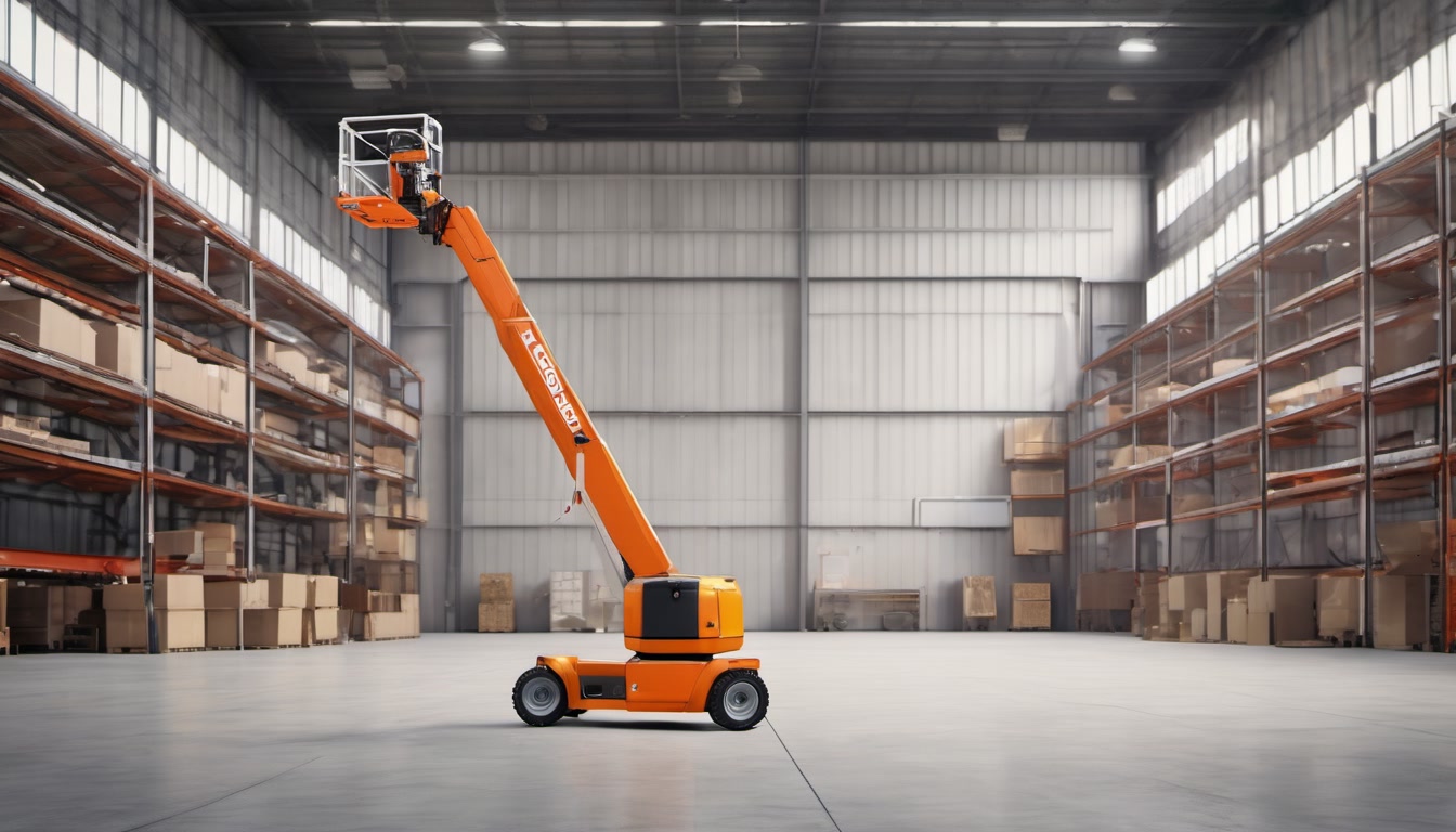Articulated boom lift in a warehouse training area