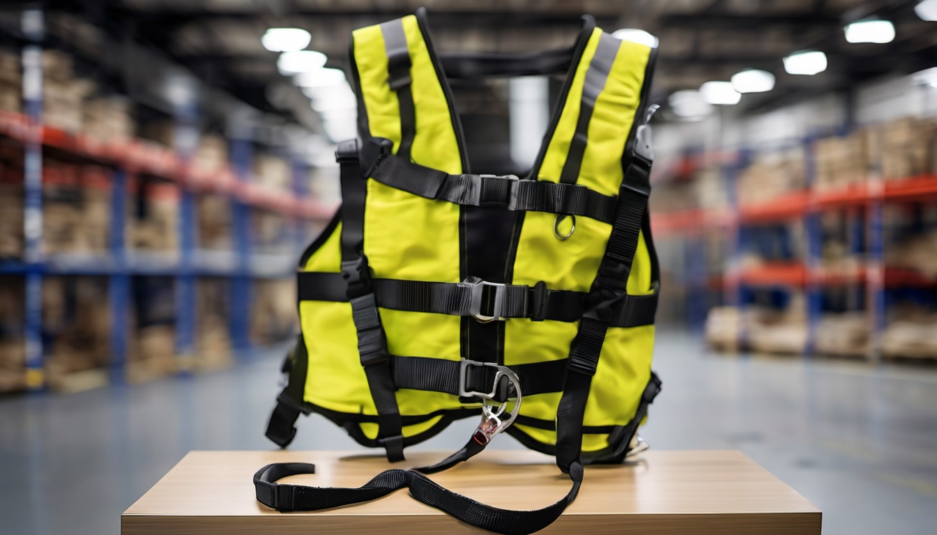 Fall-arrest safety harness and lanyard in a warehouse